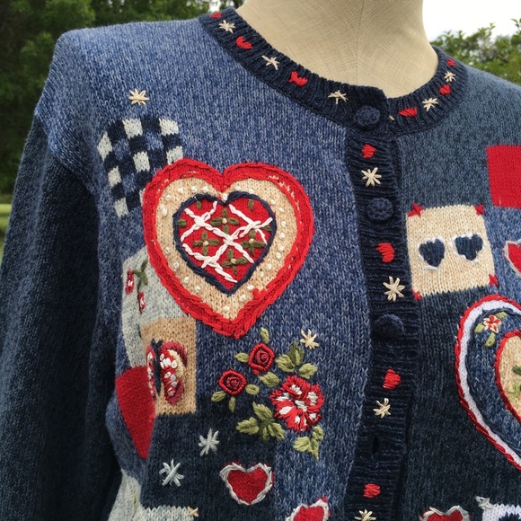Sweetheart Heart Valentine Patchwork Sweater L - Picture 3 of 7